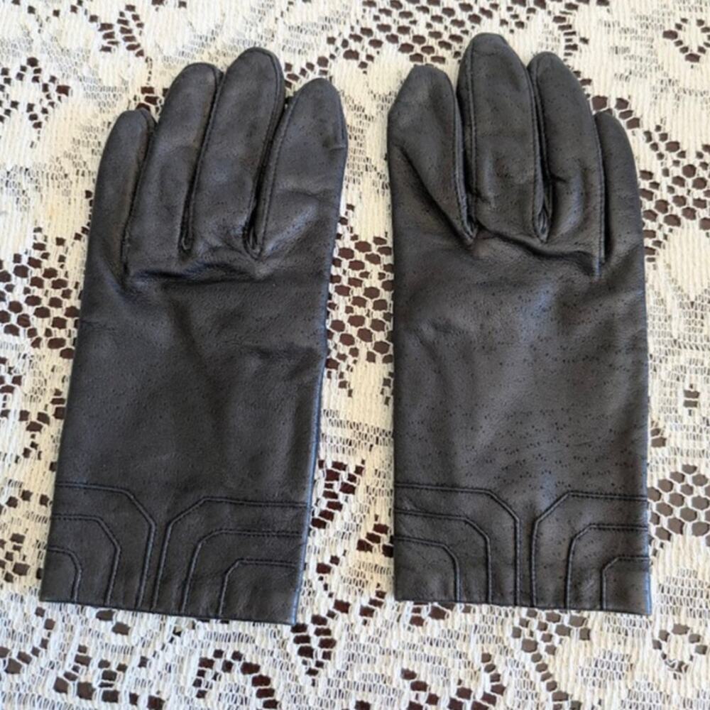 Vintage Fownes Charcoal Gray Leather Gloves Size 6.5 Rayon Lined Geometric